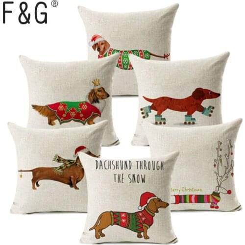 Christmas Dachshund Dogs Linen Pillow Cover Golden Retriever Cushion Cover Decorative Throw Pillow Case Home Decor