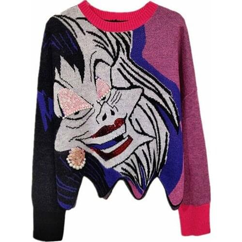 Super Top Fashion Loose Women Sweaters and Pullovers Cartoon Witch Sequins Wavy Edges Jumper Sueter Mujer Female Womens Sweater