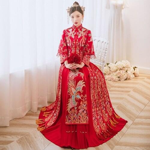 Big Size 4XL Exquisite Embroidery Cheongsam Wedding Dress Chinese Style Bride Costume Handmade Beads Marriage Set Marriage Gift