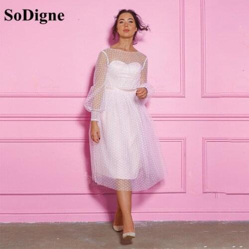SoDigne Ivory Corseted Prom Dresses Long Sleeves Dotted Tulle Tea-Length Evening Gowns Wedding Party Dresses for Graduation