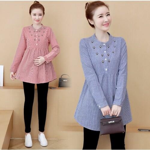 Embroidery Striped Ties Waist Maternity Blouses 2020 Spring Autumn Fashion Shirts Clothes for Pregnant Women Pregnancy Tops