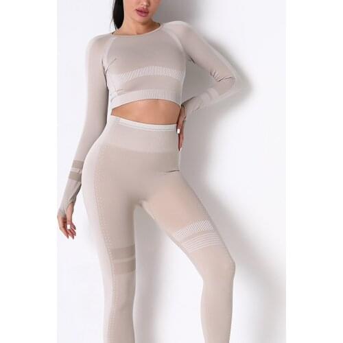 Womens Seamless Stripe Sports Clothing Fashion Hollow Long Sleeve Shirt High Waist Tight Yoga Pants Suit Gym Elastic Leggings