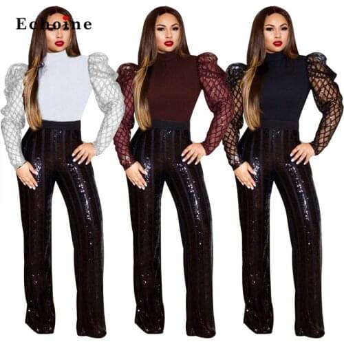Women T-shirt Elegant Sequin Patchwork Long Sleeve Hollow Out Turtleneck Classic Tunic Tops Zip Elastic Streetwear Lady Outwear