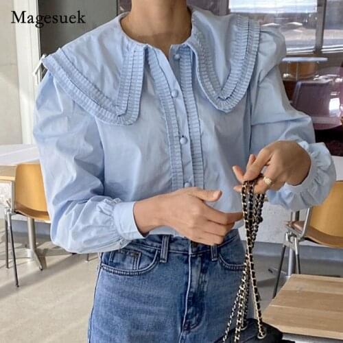 Button Loose Turn-Down Collar Puff Sleeve Woman Shirt Solid White Women Blouses Tops Blusas Pleated Work Style OL Shirts 13861