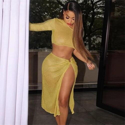 Top Women In 2021 Summer Short-Sleeved One-Shoulder Oblique Collar Crop Top with Split Mid-Length Skirt and Two-Piece Set