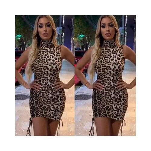Summer New Womens Sexy Sleeveless High Collar Pleated Bag Hip Leopard Print Womens Mini Dress