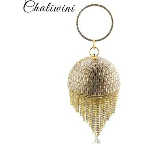 Golden Sequined Tassel Women Clutches Bags Party Metal Crystal Wedding Bridal Shoulder Wristlets Handbag Purse Evening Bags