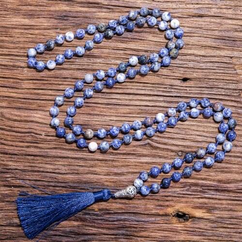 108 Japamala Knotted Necklace 8mm Natural White Dot Blue Stone Beaded Meditation Yoga Blessing Tibetan Buddha Head Lucky Jewelry