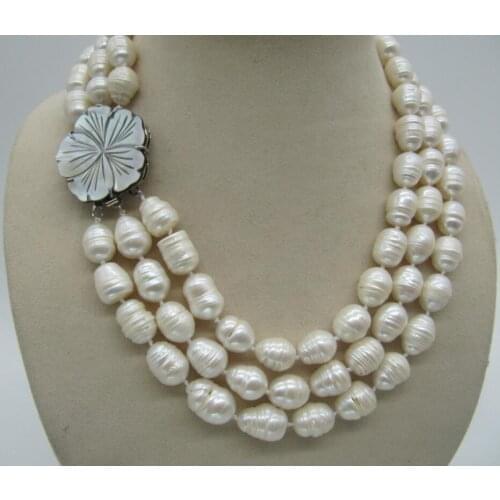 3 ROW 9-10MM NATURAL WHITE SOUTH SEA BAROQUE PEARL NECKLACE 17-19INCH beautiful