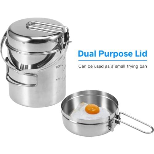 1L Stainless Steel Cooking Kettle Portable Outdoor Backpacking Pot Hiking Picnic Camping Tableware Pot Pan with Foldable Handle