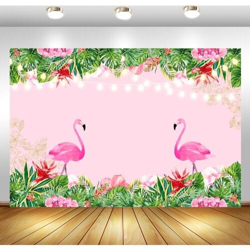 Pink Flamingo Birthday Backdrop Green Leaf Golden Pink Flowers Photography Background Customize Birthday Party Photo Background