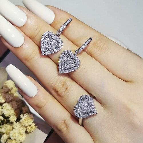 2pcs Pack 2021 New Fashion Heart 925 Sterling Silver Ring Stud Necklace Set For Women Anniversary Gift Jewelry Wholesale J6371