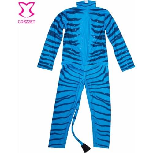 6XL/7XL Plus Size Long Sleeve Blue Zebra Catsuit with Tail A-FAN-DA Cosplay Costume Halloween Mens Sexy Costumes For Men Adult