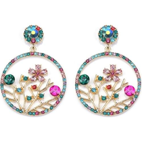 Colorful Hollow Flowers Tree Geometric Round Earrings Women Luxury Crystal Earrings Female Big Circle Statement Earrings Jewelry