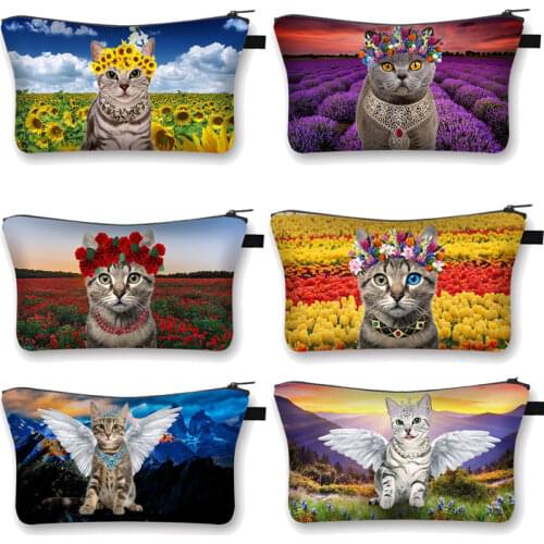 Cute Floral Cat Print Cosmetic Case Women Makeup Bags Cartoon Kitten Cosmetic Bags Ladies Travel Storage Bag Girls Make Up