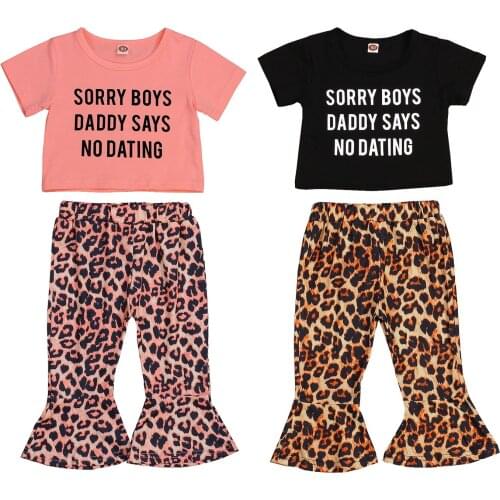 Fashion Toddler Baby Girls Clothes Kids Summer Short Sleeve Letter T Shirts Tops Leopard Print Flare Pants Outfit Sets 1-6Y