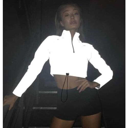 Fashion Reflective Jacket Women Turtleneck Zipper Coats Thin Tops 2020 Hip Hop Streetwear High Street Club Shining Crop Tops