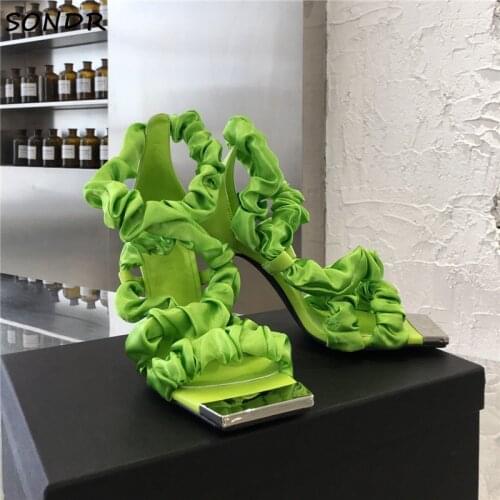 Fashion Women Metal Square Toe Green Sandals Summer Cross-tied Strappy Party Shoes Woman High Heels Femme Sandalias Mujer 2021