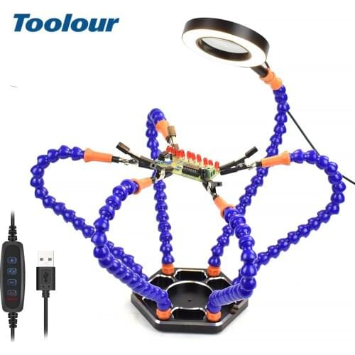 Toolour 6PC Flexible Arms Soldering Helping Hands 3X Magnifier USB LED light Fan Flashlight Welding Tool For PCB Repairing Stand