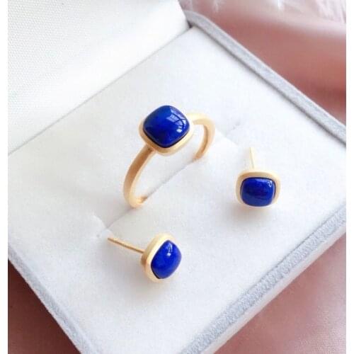 New silver inlaid classic square natural Lapis Earrings creative elegant unique light luxury gilt charm womens jewelry