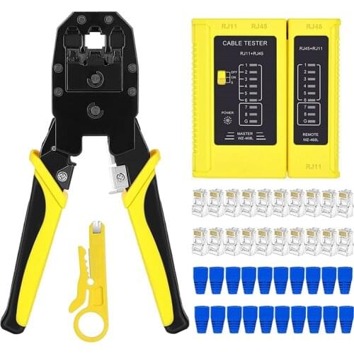 RJ45 Crimp Tool Kit with 20PCS Cat5 RJ45 Connectors, 20PCS Strain Relief Boots, 1 Mini Wire Stripper 1 RJ45 Cable Tester