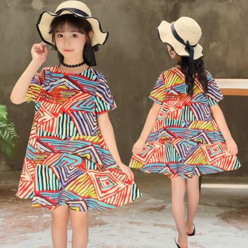 Teens Girls Rainbow Clothes Princess Elegant Flounce Party Dresses Vintage School Girl Linen Casual Short Sleeve Stripe Dress