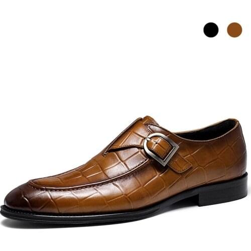 Single Monk Style Bridegroom Dress Office Best Men Shoes Black Checkered Genuine Leather Original Designer Shoes