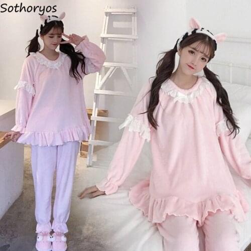 Pajama Sets Women Coral Fleece Winter Plus Velvet Warm Lace Ruffle Womens Korean Style Sweet Homewear Pyjamas Elegant Ulzzang