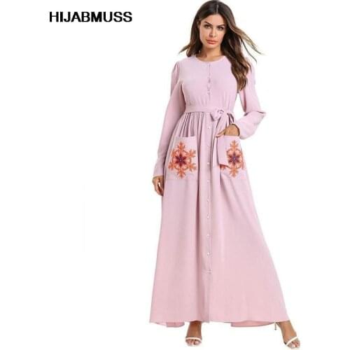 Dresses For Women Muslim Cute Fashion Pink Princess Dress Open Front Single-breasted Lace-up Embroidered Long Skirt Abaya Robe