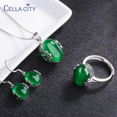 Cellacity Sterling Silver 925 Jewelry Set for Women charms Green Chalcedony Red Agate Resizable Ring Drop Earrings Necklace Gift
