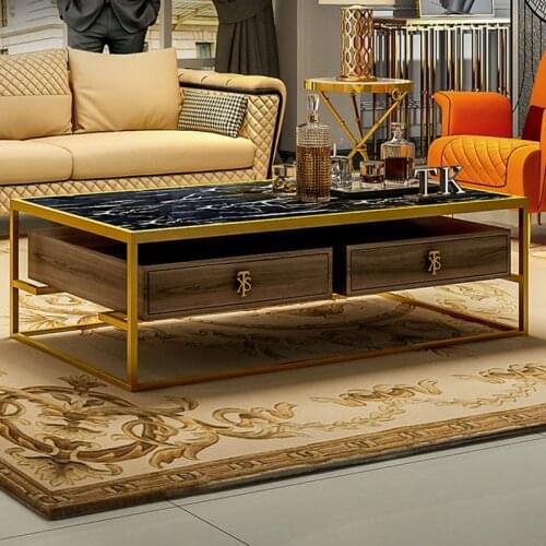 Postmodern Light Luxury Large Coffee Table Brushed Brass-colored Metal Large Table with Marble Surface and Drawer Coffee Table