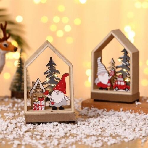 Christmas Small Wooden House Ornament Led Light Up Xmas Tree Hanging Decoration Glowing Elk Santa Bell Design Mini Wood House