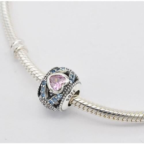 925 Sterling Silver Beads Crystal Pink Cubic Zirconia Heart-Shaped Pendant Charm Bracelet DIY Jewelry Making For Pandora