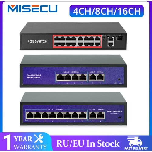 48V Network POE Switch With 4/8/16CH 10/100Mbps Ports IEEE 802.3 af/at Over Ethernet IP Camera/Wireless AP/CCTV Camera System