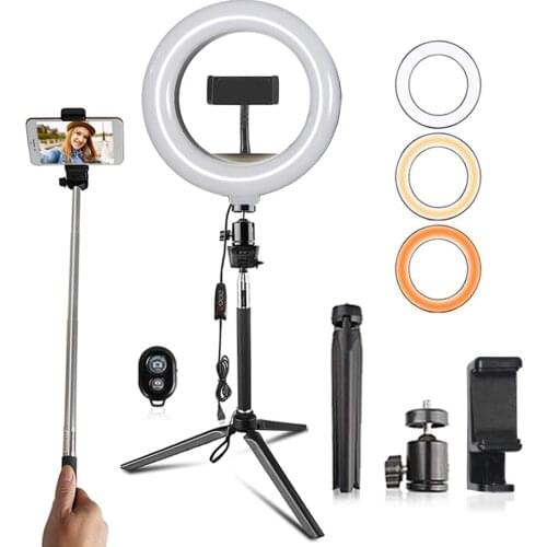 10 inch Dimmable Selfie Stick LED Ring Light with Desk Tripod Stand Phone Holder Bluetooth Remote Ring Lamp for Live Streaming