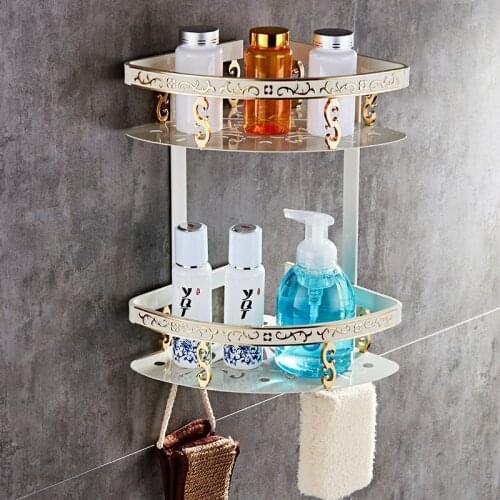 Bathroom Shelf Aluminum Alloy Carved Shower Rack Ivory Corner Shelf Bath Shower Shelf Wall Mounted Storage Organizer Holder Rack