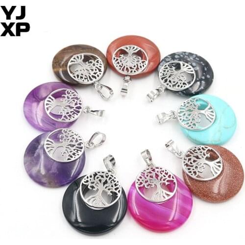 YJXP Tree of Life Pendants Donut Shape Natural Amethysts Crystal Quartzs Hollow Stones Amulet Jewelry for Women Men Necklace