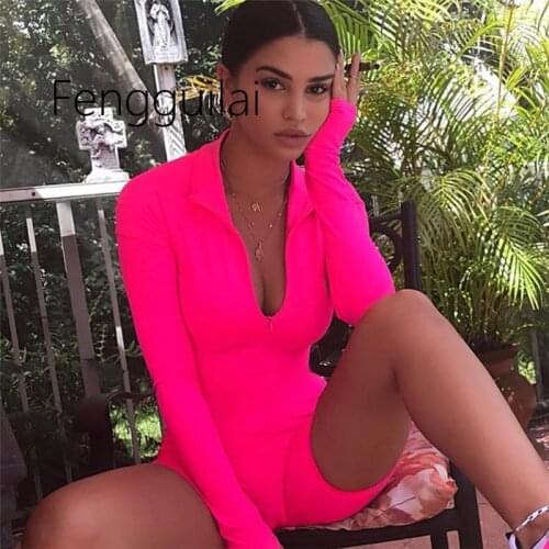 2021 Women Sexy Turtleneck Fluorescent Color Playsuits Long Sleeve Buckle Sashes Bodycon Mujer Slim Fitness Bodysuits