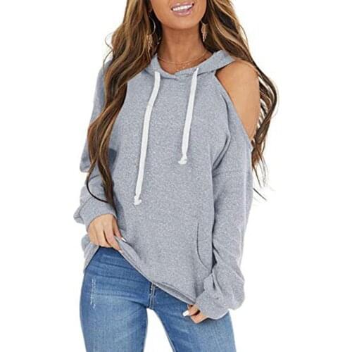 2021 New Fashion Simple Solid Color Women Hoodies Hooded Off Shoulder Autumn Pocket Drawstring Long Sleeve Sweatshirt for Sports