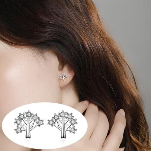 Womens Fashion Minimal Stud Earrings Natural Plant Life Tree Design Shiny Crystal Zircon Female Small Earring Piercing Jewelry