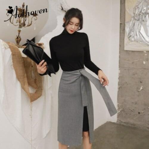 2020 Autumn 2 Piece Set Black Turtleneck Full Sleeve Dress and Gray Sashes Skirt Set Work Two Piece Set Women Suit Vestidos