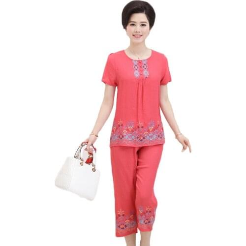 Casual Printing Cotton Linen Suit Women 2020 Summer New Women Spotting Two Piece Sets Middle-aged Short T-shirt Tops+pants Suit