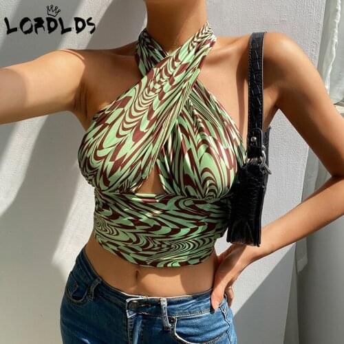 LORDLDS Green Wave Print Halter Crop Top Women Backless Bandage Beach Tops Ladies Sexy Summer Tanks Vest