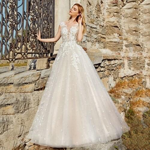 Sheer Scoop Neck Cap Sleeve Lace Princess Wedding Dresses 2020 Luxury Robe De Mariage Elegant Bridal Gowns Tulle Custom Made