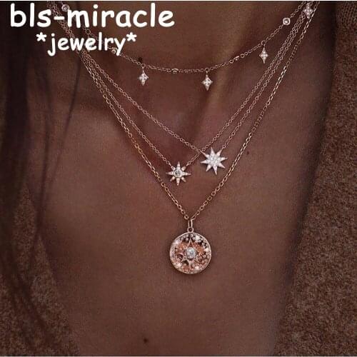 YC-UPGO Boho Star Multi Layer Necklaces For Women Girl Fashion Gold Sliver Color Long Moon Crystal Pendant Necklace 2018 New