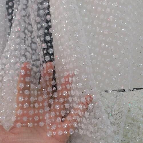 5yards HLL078 crystal white dot sparkle glitter glued hand print african india mesh fabric for bridal wedding dress