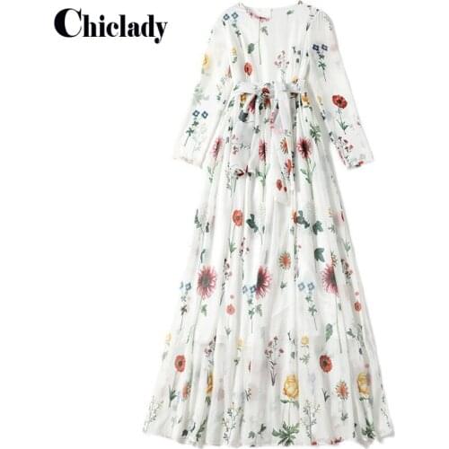 CHICLADY women dress chiffon casual loose new fashion maxi floor length white flower printed long sleeve summer lady dresses 2xl