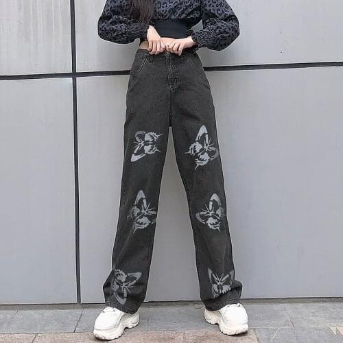 Butterfly Print Straight Wide Denim Pants Women Baggy Y2K Jeans For Girls Female Fashion 2021High Waisted Trouser Streetwear