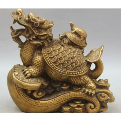 Fast shipping USPS to USA S1930 8" Chinese Copper Ru Yi Wealth Dragon tortoise Turtle tortoise Statue Sculpture