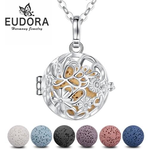 Eudora NEW DIY Daisy Flower Aroma Diffuser Pendant Floating Locket Cage Pendant with 7PC Lava Stone Volcanic Necklace Nice gift